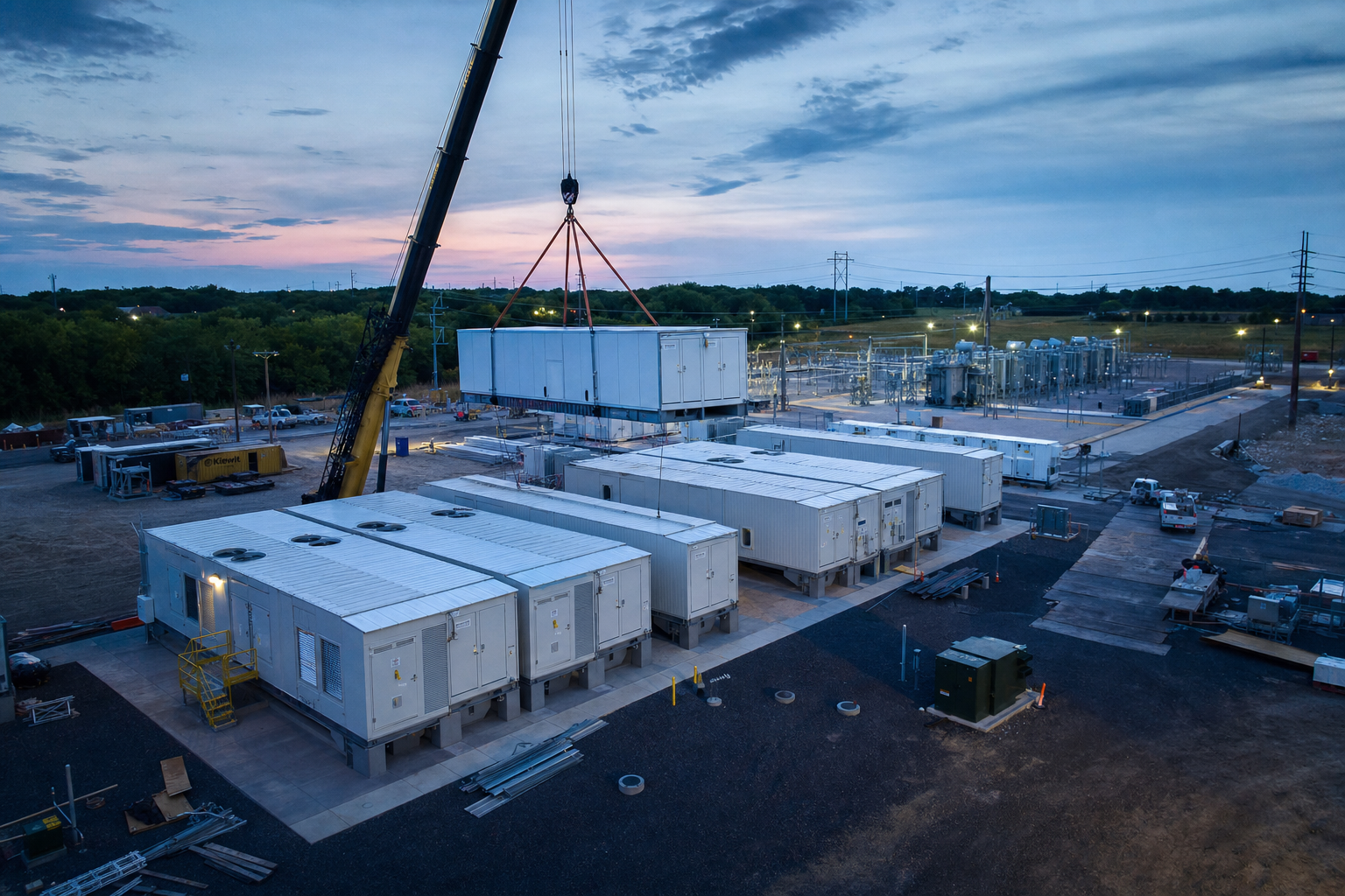 Prefabricated modular data center units being craned into place at a substation site at dusk