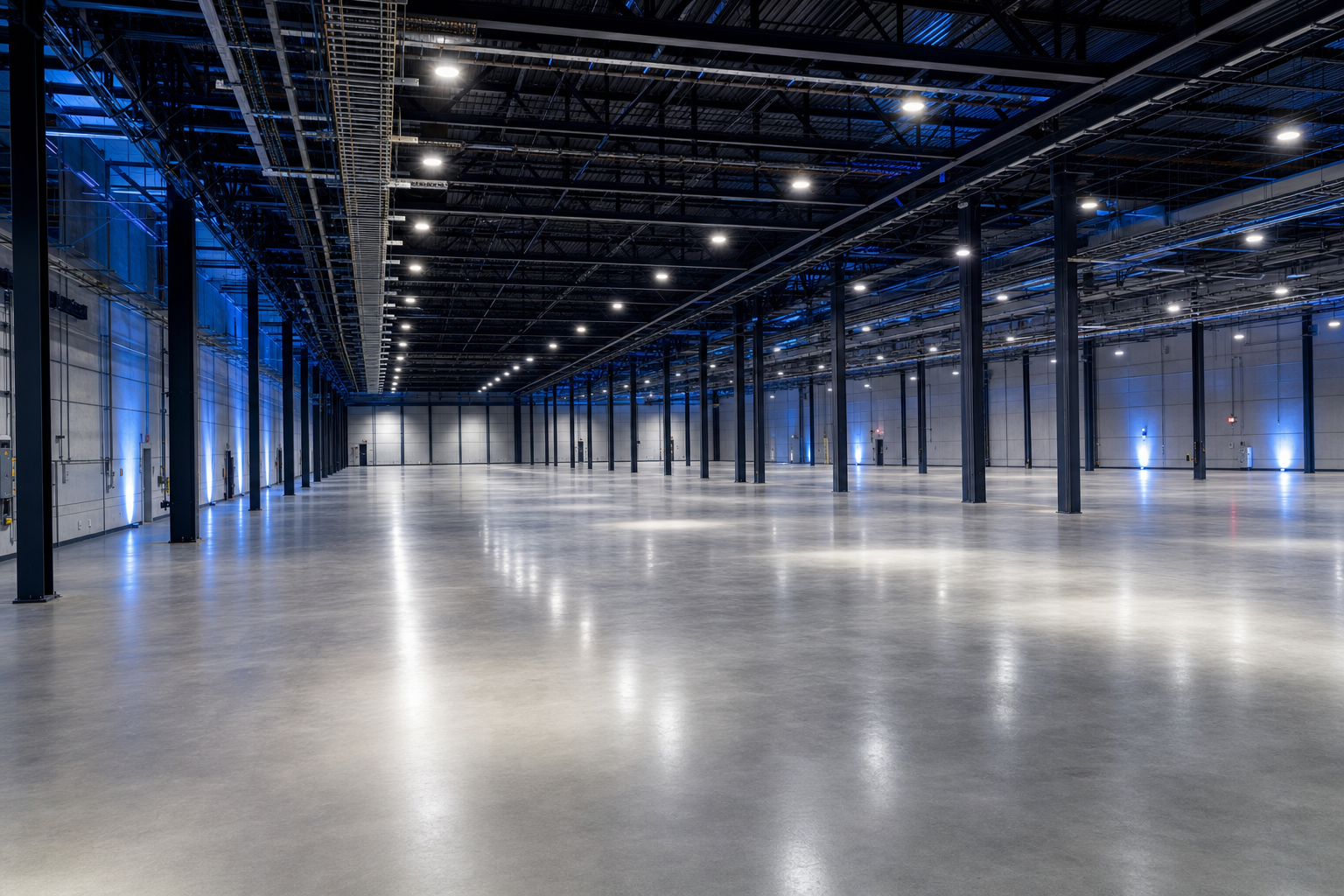 Empty warm-shell data center building interior with polished concrete floor and exposed steel trusses