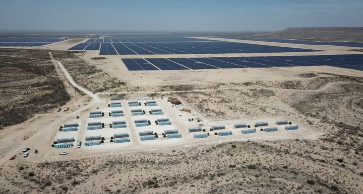 Aerial view of behind-the-meter deployment at a wind and solar farm in McCamey, Texas